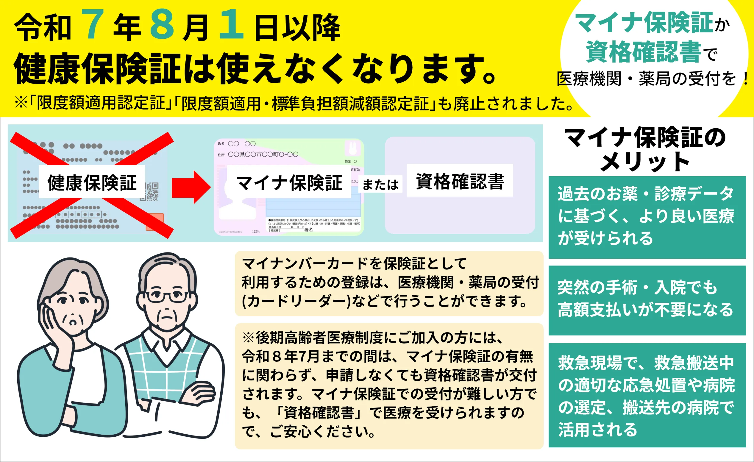 令和7年8月1日移行健康保険証は使えなくなります。